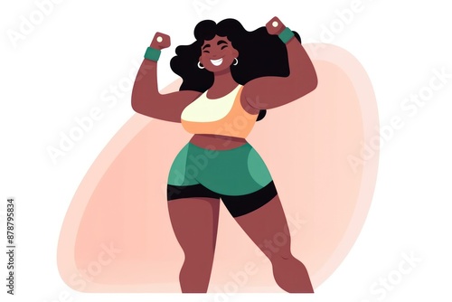  Confident plus-size woman in sportswear flexing muscles and smiling, promoting body positivity and active lifestyle photo