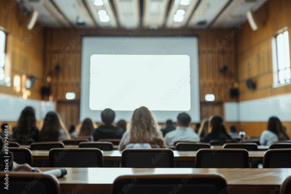 Students attending a lecture in a modern university classroom with large projection screen Students attending a lecture in a modern university classroom with large projection screen