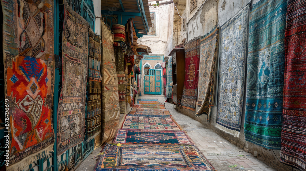 Fototapeta premium Display of ornate Oriental rugs and carpets.
