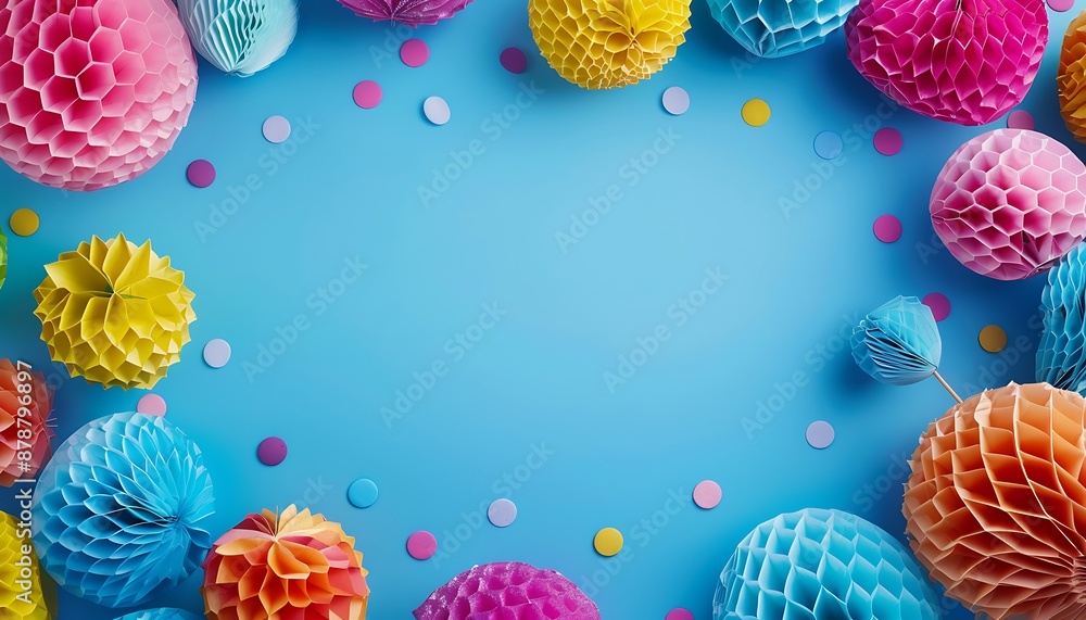 Blue background with vibrant party decorations, top view and room for text. Blue background with vibrant party decorations, top view and room for text.