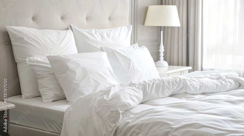 White bedding in hotel room White bedding in hotel room
