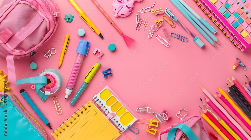 Stationery items and a school rucksack on a pink background Stationery items and a school rucksack on a pink background