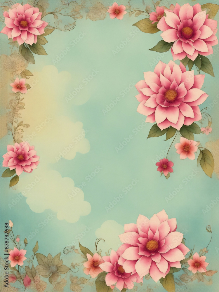 pink and red flowers with green leaves frame an off-white and blue gradient background pink and red flowers with green leaves frame an off-white and blue gradient background
