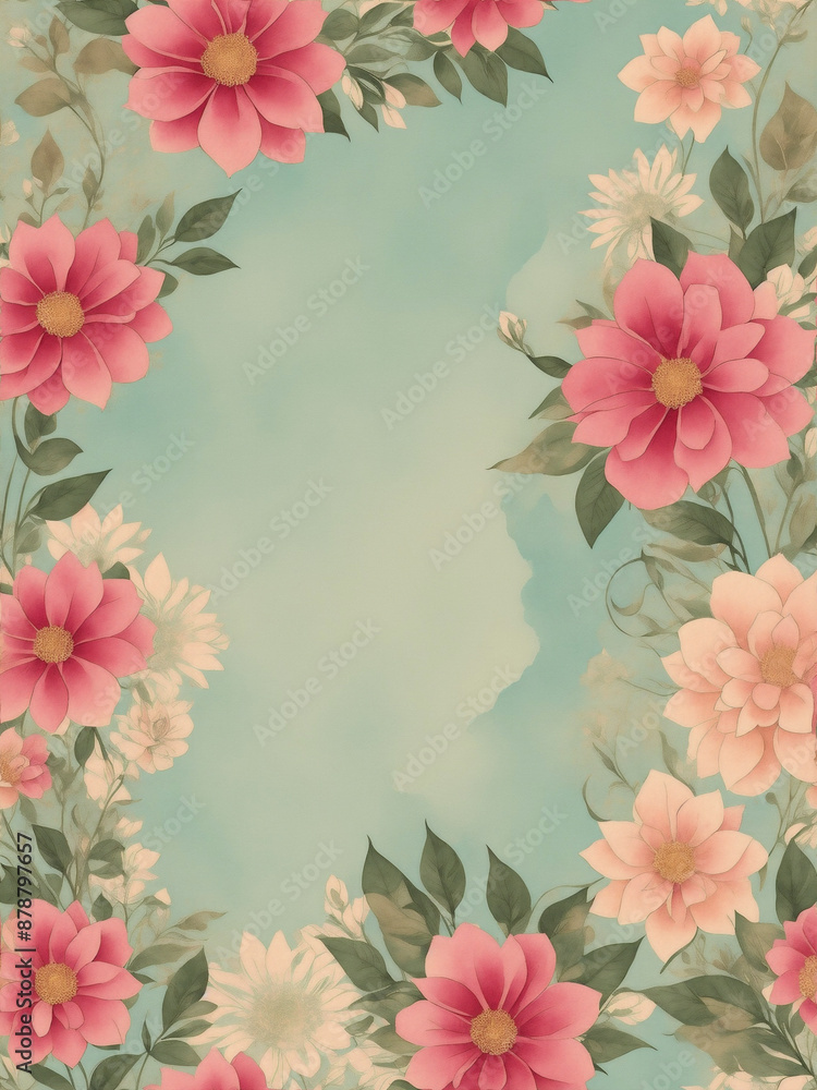 pink and red flowers with green leaves frame an off-white and blue gradient background pink and red flowers with green leaves frame an off-white and blue gradient background