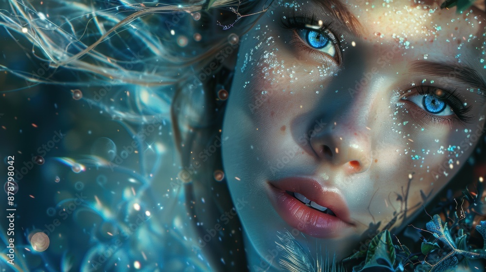 Closeup portrait of a woman with blue eyes and glittering skin surrounded by water and plants Closeup portrait of a woman with blue eyes and glittering skin surrounded by water and plants