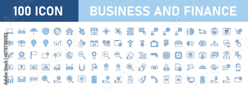 Set of blue thin line color icons related to business and finance. set of digital marketing, innovation, insurance, management, dollar icons. editable strokes. vector illustration. white background.