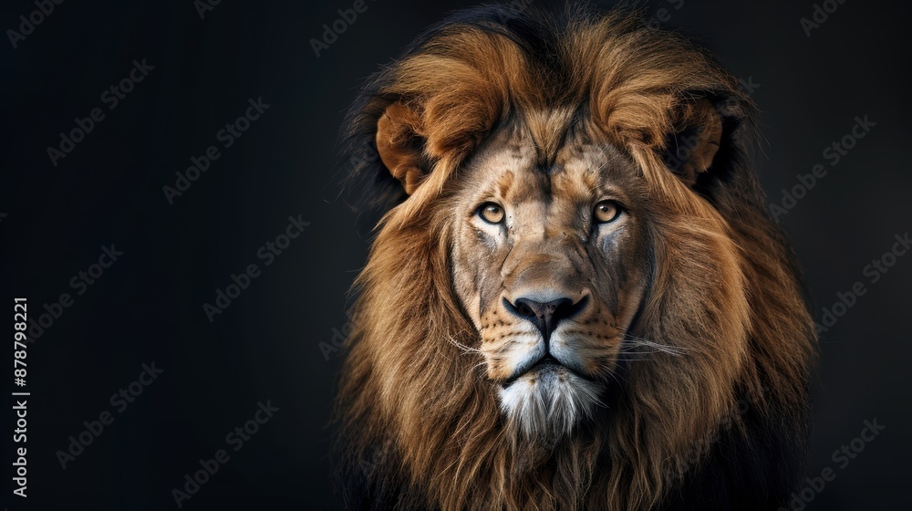 Fototapeta premium Close up portrait of a male lion with a full mane against a black background