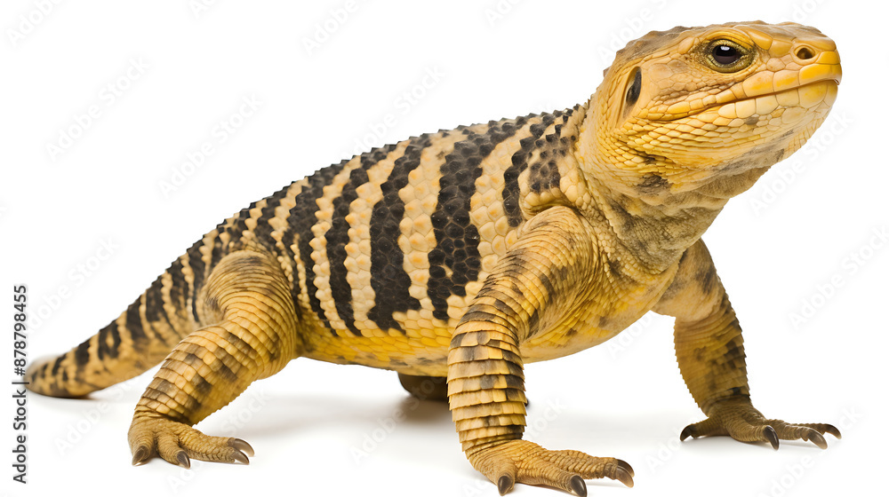 Naklejka premium Yellow lizard with black stripes, alert posture. 