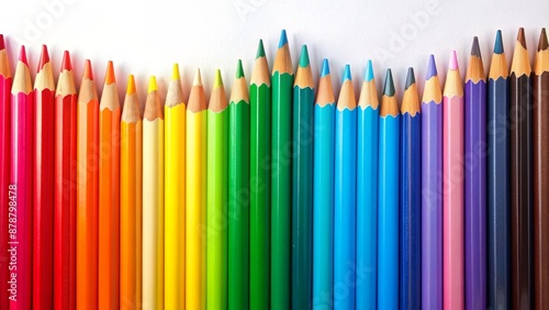 Multi-colored pencils lying in a gradient on white textured paper