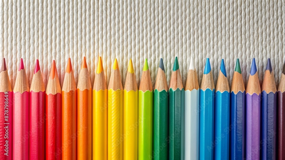 Multi-colored pencils lying in a gradient on white textured paper Multi-colored pencils lying in a gradient on white textured paper