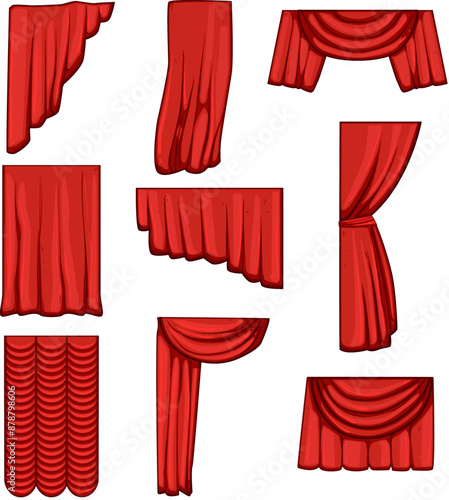 red curtain set cartoon. theater show, velvet drama, cinema spotlight red curtain sign. isolated symbol vector illustration