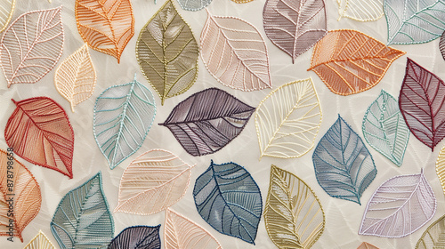 A pattern of embroidered leaves in various colors, arranged on fabric. The embroidery is detailed and realistic, with each leaf having its own unique color and texture