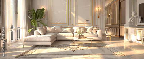 Luxurious white sectional sofa, gold accents, and a large rug, creating a sophisticated and elegant living room design. 
