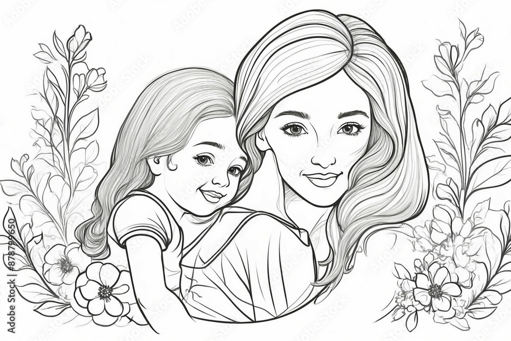 beautiful young woman and her daughter. mother's Day. vector drawing beautiful young woman and her daughter. mother's Day. vector drawing