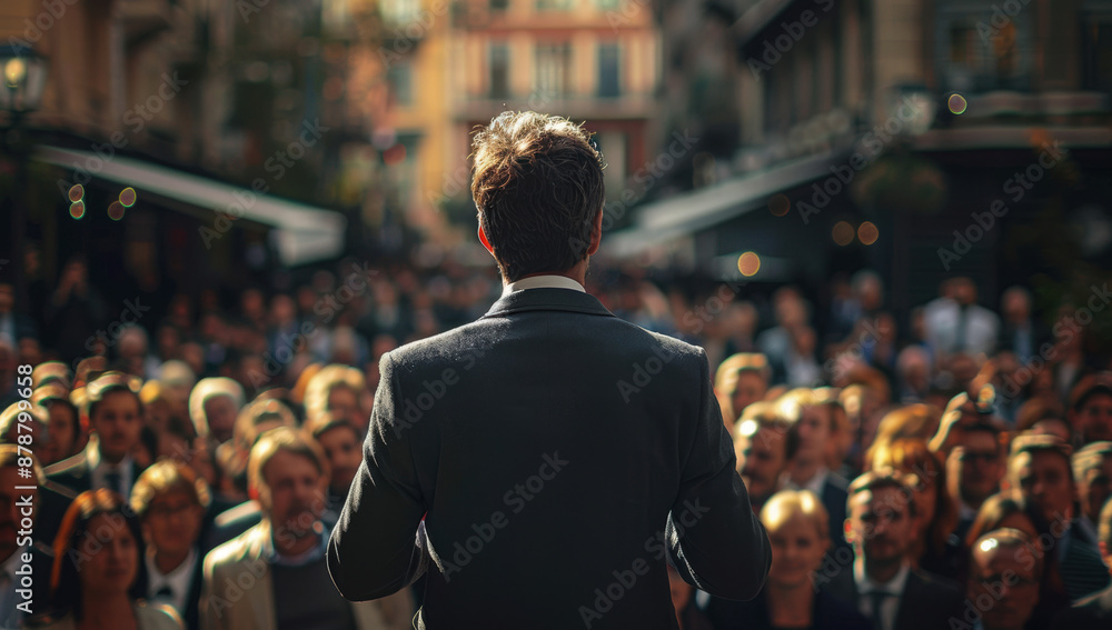 Man doing a speech outdoor in front of a crowd of members of a political party
Man doing a speech outdoor in front of a crowd of members of a political party