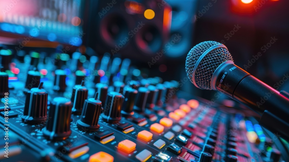 Closeup of a microphone resting on an audio mixing board Closeup of a microphone resting on an audio mixing board