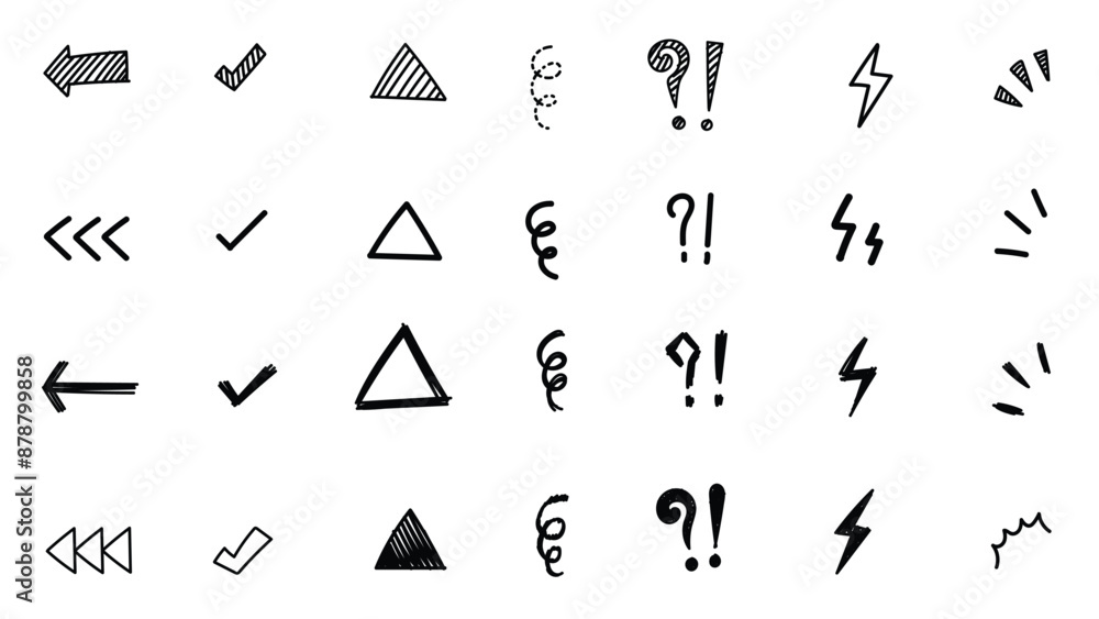 Set of cute pen line doodle element vector. Hand drawn doodle style collection of arrow, check, triangle, thunderbolt, exclamation, question mark. Design for print, cartoon, card, decoration, sticker. Set of cute pen line doodle element vector. Hand drawn doodle style collection of arrow, check, triangle, thunderbolt, exclamation, question mark. Design for print, cartoon, card, decoration, sticker.