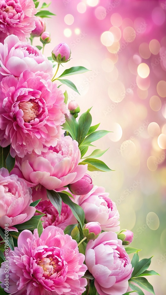 Fototapeta premium Tender peonies on pink background with copy space. Abstract natural floral frame layout with text space. Romantic feminine composition. Wedding invitation. International Women day, Mother Day concept