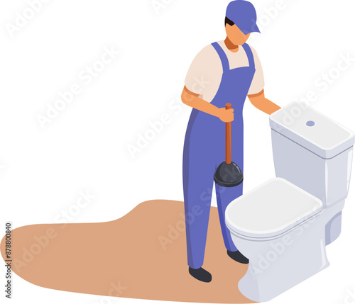 isometric plumber with plunger working with toilet, vector illustration