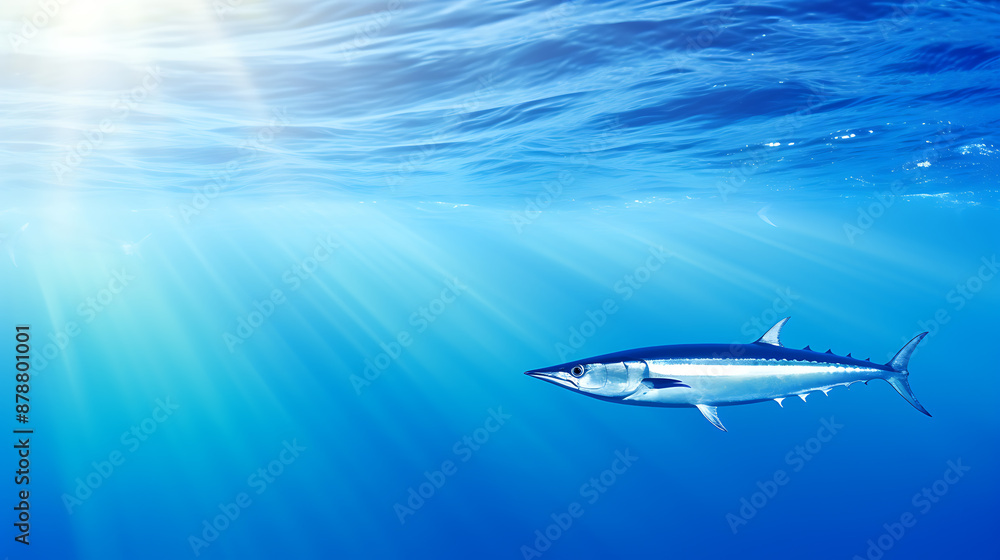 Fototapeta premium A solitary fish swims through blue, white, and green water, illuminated by sunlight, evoking a sense of tranquility and the beauty of the underwater world. 
