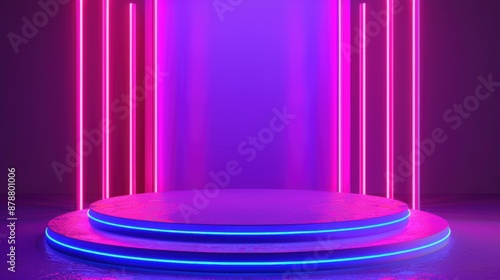 Circular stage with pink neon lights and blue glowing edges