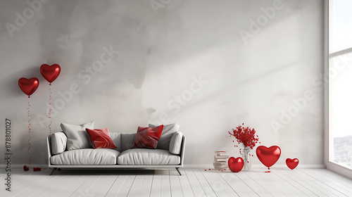Romantic minimalist interior with red heart balloons, white sofa, and red flowers, perfect for Valentine's Day. 
