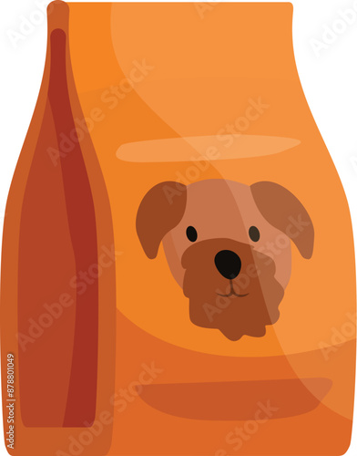 Orange bag of dry food, showing a cute cartoon dog on the front, full of nutrients for a balanced diet