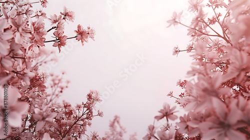 Pink cherry blossoms frame a soft white background, evoking springtime romance and delicate beauty. 
