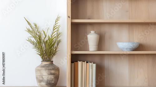 Minimalist home decor with wooden shelves, green plants, and a white vase, showcasing a simple and peaceful atmosphere. 

