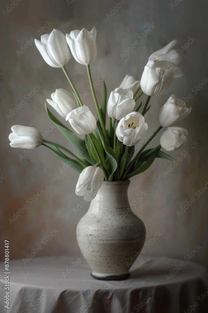 A simple still life image of a vase filled with white tulips, great for interior design or floral inspiration