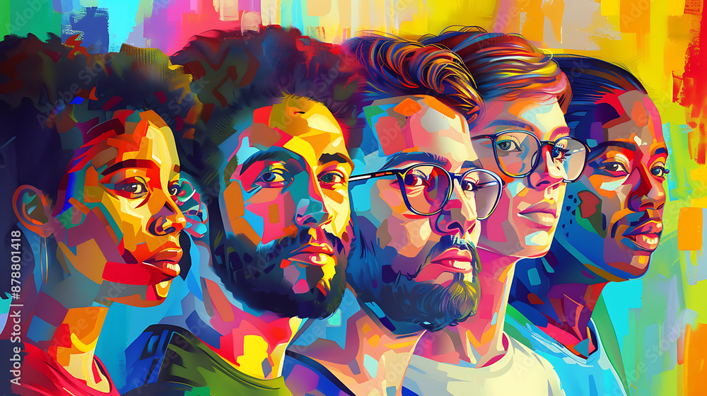 Obraz premium Five diverse faces in vibrant yellow, blue and red colors, a bold and colorful illustration for diversity, inclusion and community. 