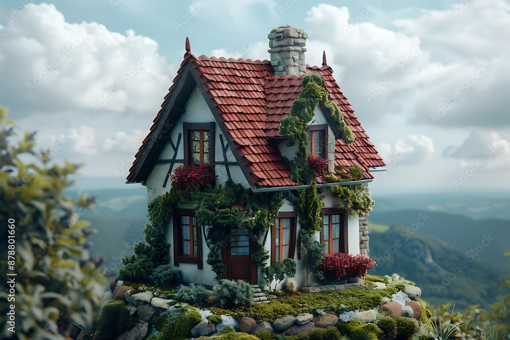 Obraz premium A fairytale cottage with red roof, green vines and white walls, set against a mountain backdrop, evokes a sense of peace and tranquility, perfect for a cozy escape.
