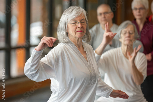 Senior group practicing tai chi, moving gracefully in a class session, focusing on balance and relaxation. photo