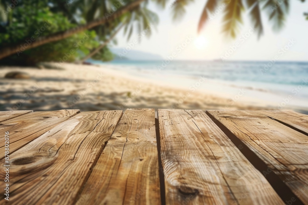 Wood table with beach background for product display. Wood table with beach background for product display.