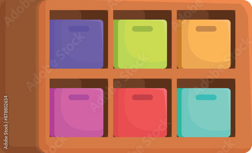 Wooden shelf is holding colorful storage boxes, offering a practical and visually appealing solution for organizing belongings