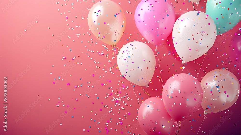 Celebration or party scene with a pink background, balloons, and confetti, shown from above. Space for text. Celebration or party scene with a pink background, balloons, and confetti, shown from above. Space for text.
