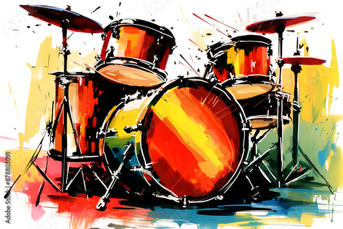 Vibrant red, yellow and blue drum set,  a musical abstract painting,  evokes energy and excitement for a concert or music festival. 
