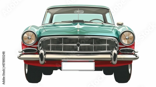 Front view of a teal vintage car with chrome grille and red bumper