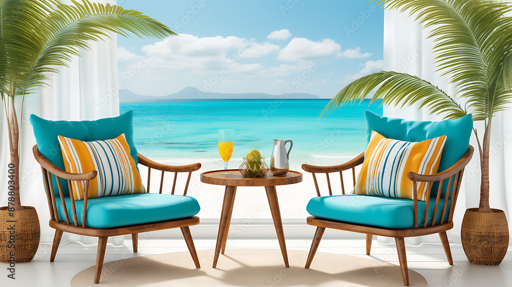 Two chairs, a table, and a tropical beach view, blue, yellow, and brown, inviting relaxation and vacation vibes.
Two chairs, a table, and a tropical beach view, blue, yellow, and brown, inviting relaxation and vacation vibes.