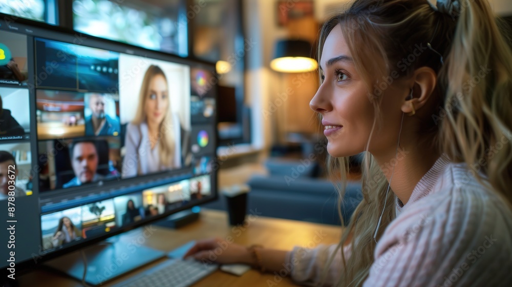 Connected Couple on Video Call with Copy Space, Blurred Home Office Background Connected Couple on Video Call with Copy Space, Blurred Home Office Background