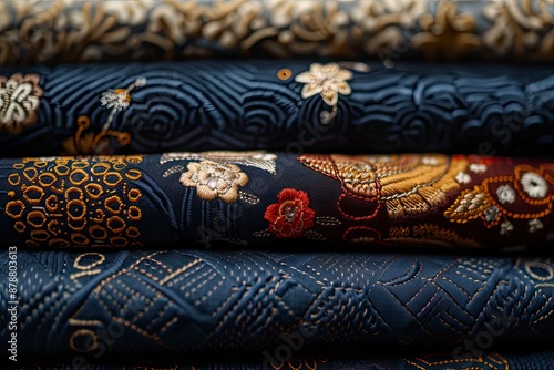 Elegant embroidered textiles, highlighting the sophistication and refinement of intricately embroidered fabrics.