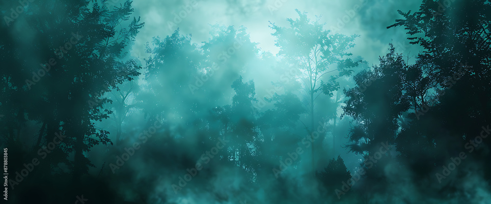 Fototapeta premium Mysterious, misty forest, with teal, green, and black hues, evokes a sense of wonder and intrigue, perfect for fantasy or fairytale themes. 