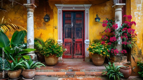 Fototapeta Naklejka Na Ścianę i Meble -  The entrance of a lovely old home has vibrant yet old colors