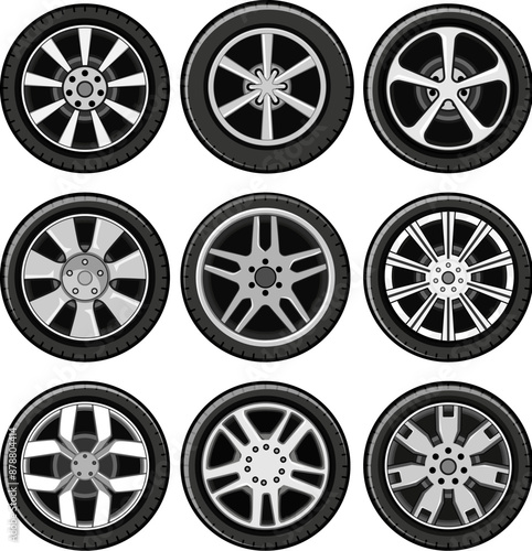 wheel car set cartoon. auto black, vehicle speed, sport road wheel car sign. isolated symbol vector illustration