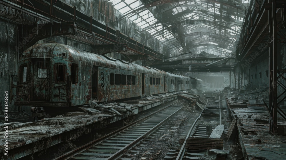 Abandoned train cars inside a decaying industrial building Abandoned train cars inside a decaying industrial building
