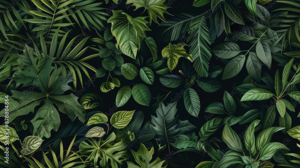A detailed design with lush green tropical leaves on a dark background, perfect for naturethemed projects like wallpaper or decor. Keywords botanical, plant, jungle, tropical, seamless pattern A detailed design with lush green tropical leaves on a dark background, perfect for naturethemed projects like wallpaper or decor. Keywords botanical, plant, jungle, tropical, seamless pattern