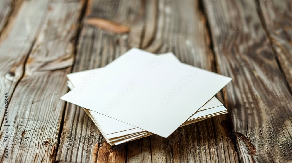 Fototapeta premium A stack of papers on a wooden table, with one sheet positioned prominently to display a customizable message.