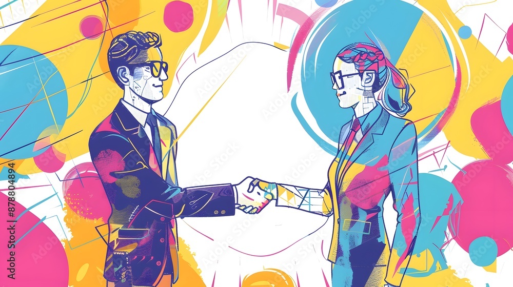 Obraz premium Businesswoman and businessman shaking hand, doodle style, colorful, 