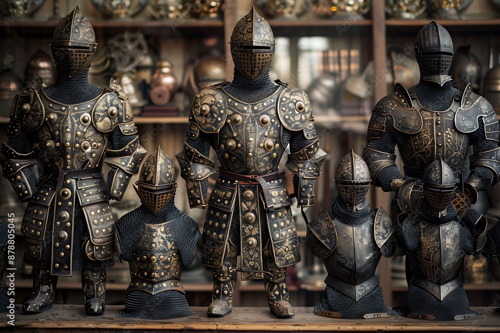 A set of armor for a knight, each piece intricately detailed with metallic buttons A set of armor for a knight, each piece intricately detailed with metallic buttons