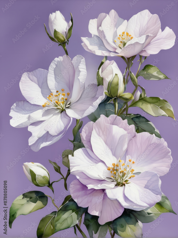Obraz premium Cherry blossom watercolor floral illustration on Purple background, violet flowers painting. Valentine, Womans day and Mothers day concept, art for design poster, greeting card, wedding invitation